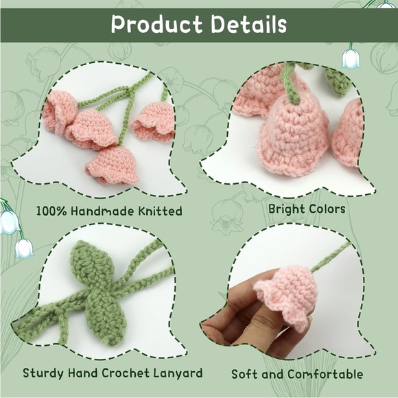 Handmade Kawaii Woven Pink Bell Flower Plant Knit Car Mirror Hanging Accessory - Picture 5 of 10